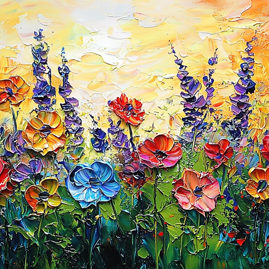 Colorful Wildflower Meadow Poppies at Sunset Impasto Art Poster - Image 6