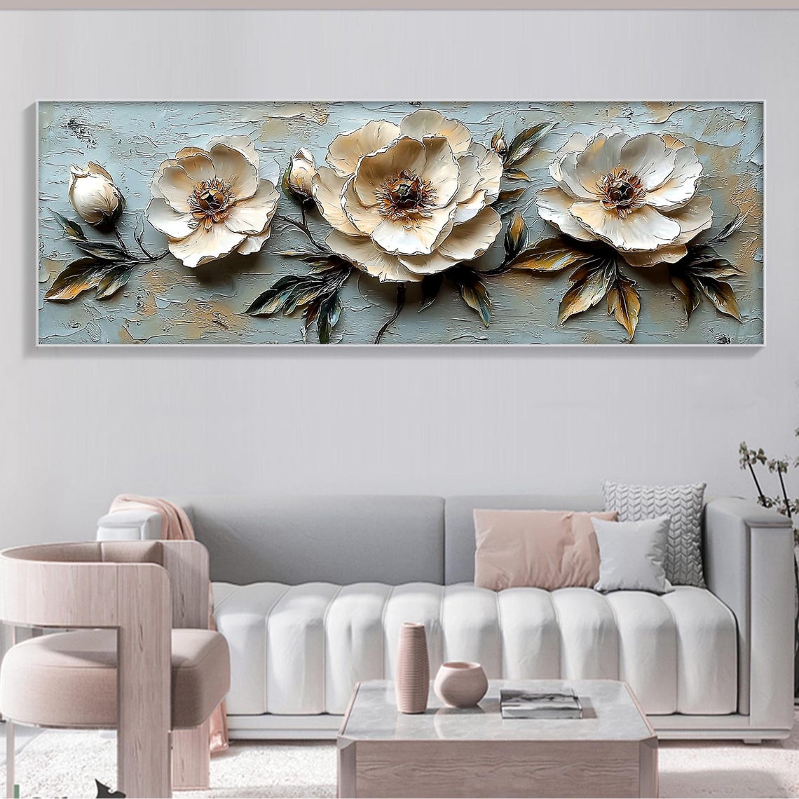White Peonies Teal Panoramic Floral Sculpted 3D Flower Painting Poster - Image 4