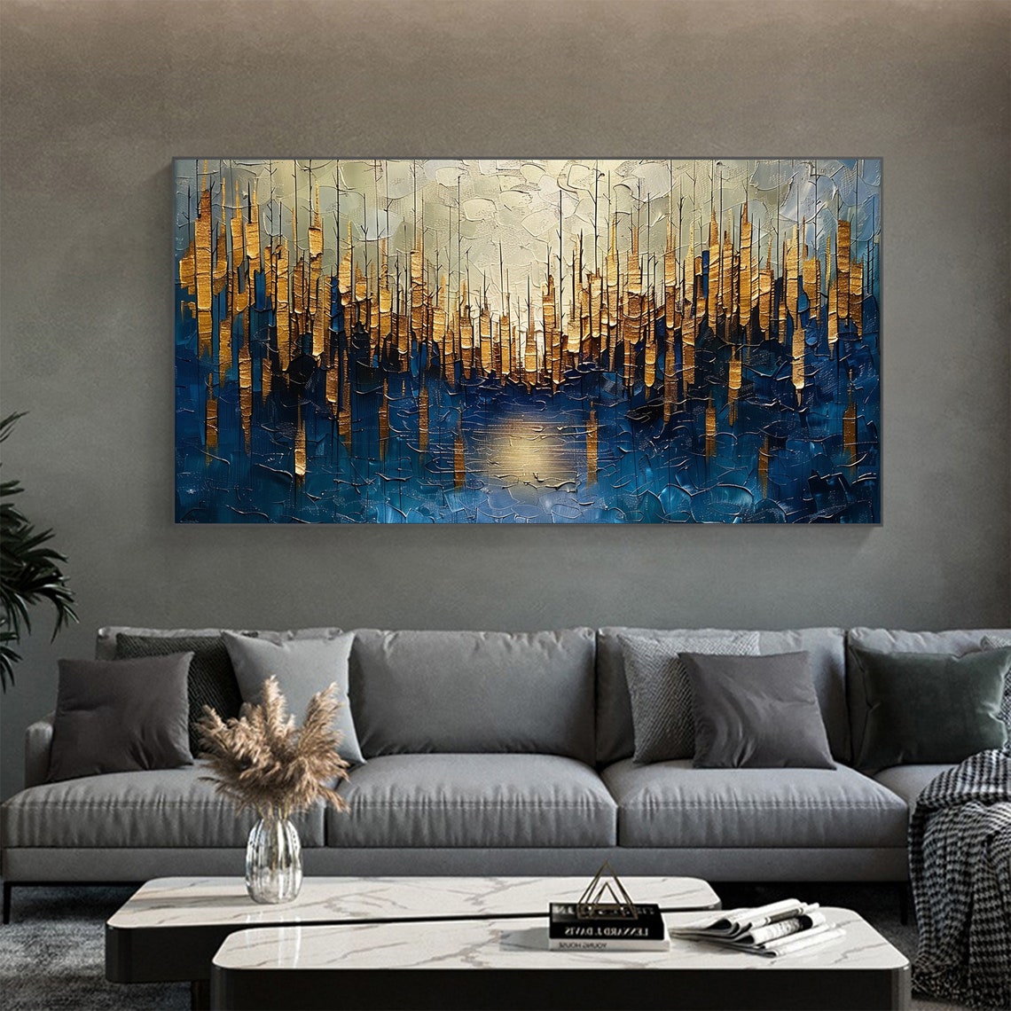 Golden Stalactite Drips Over Deep Blue Moonlit Water Scene Poster - Image 4