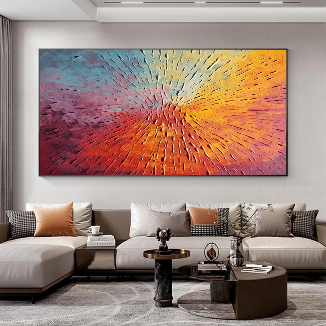 Radiant Teal to Ember Abstract Sunburst Carved Texture Art Poster - Image 2