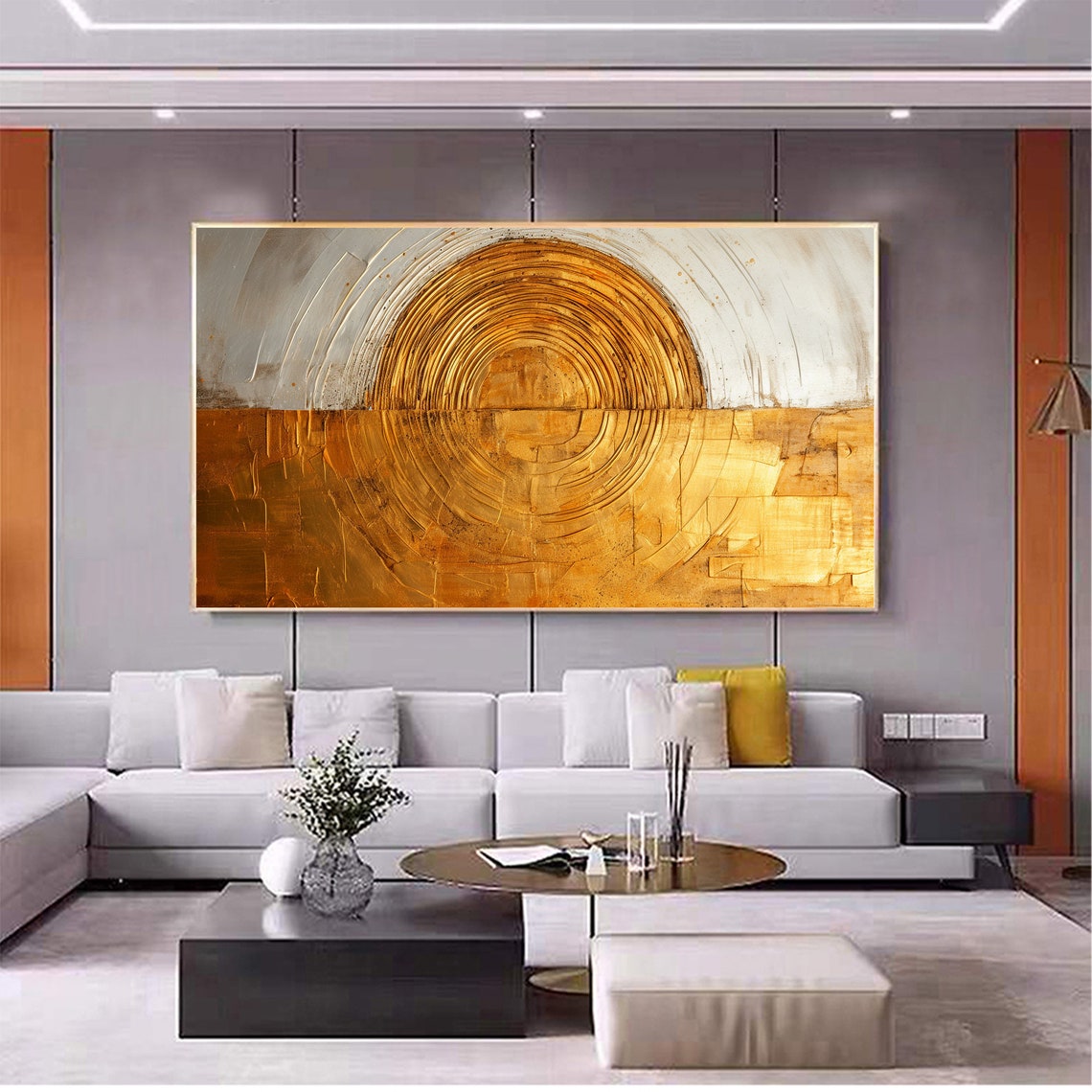 Golden Circle Sun Gray Minimalist Textured Abstract Painting Poster - Image 4