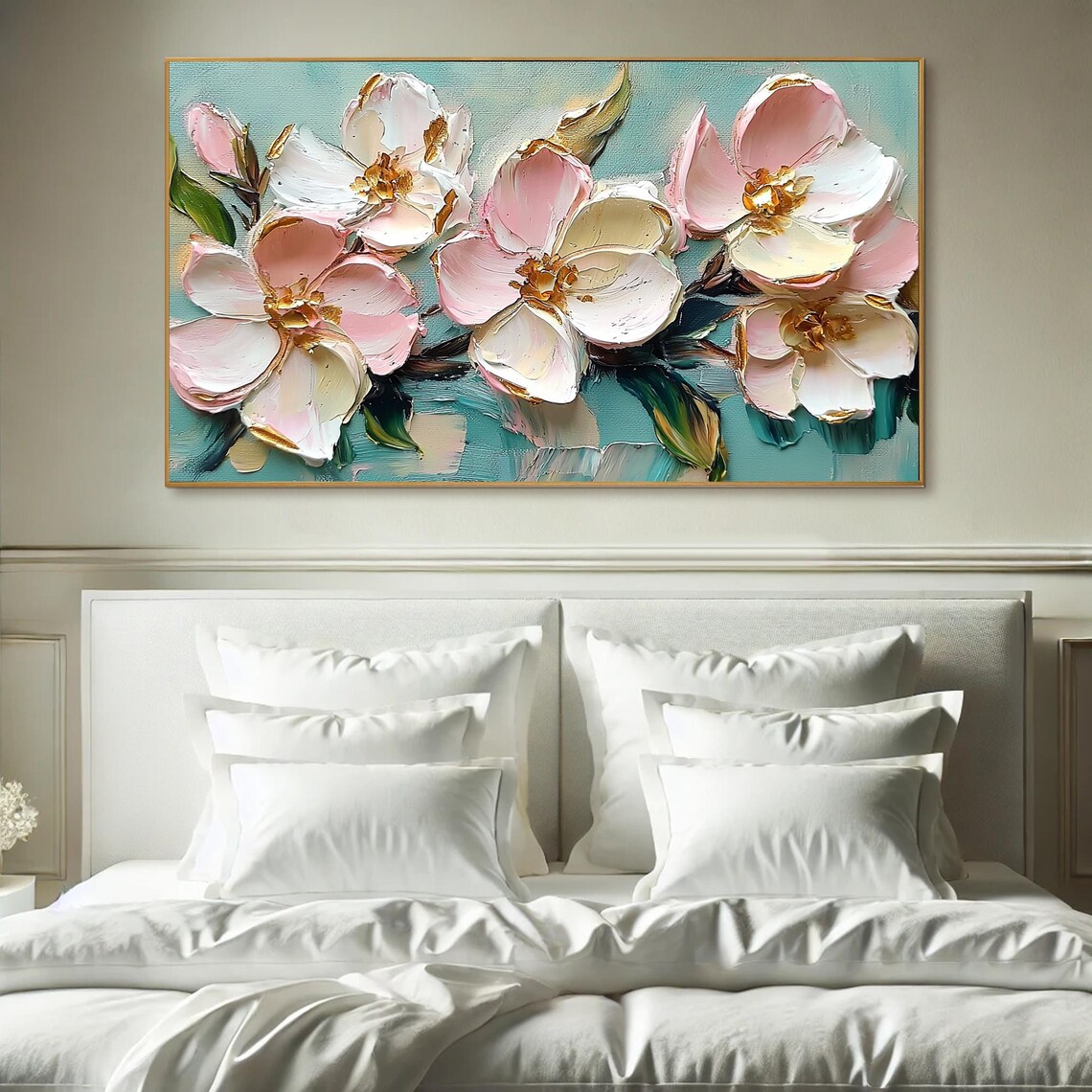 Pink Magnolia Blossoms with Gold Edges on Teal Canvas Art Poster - Image 5