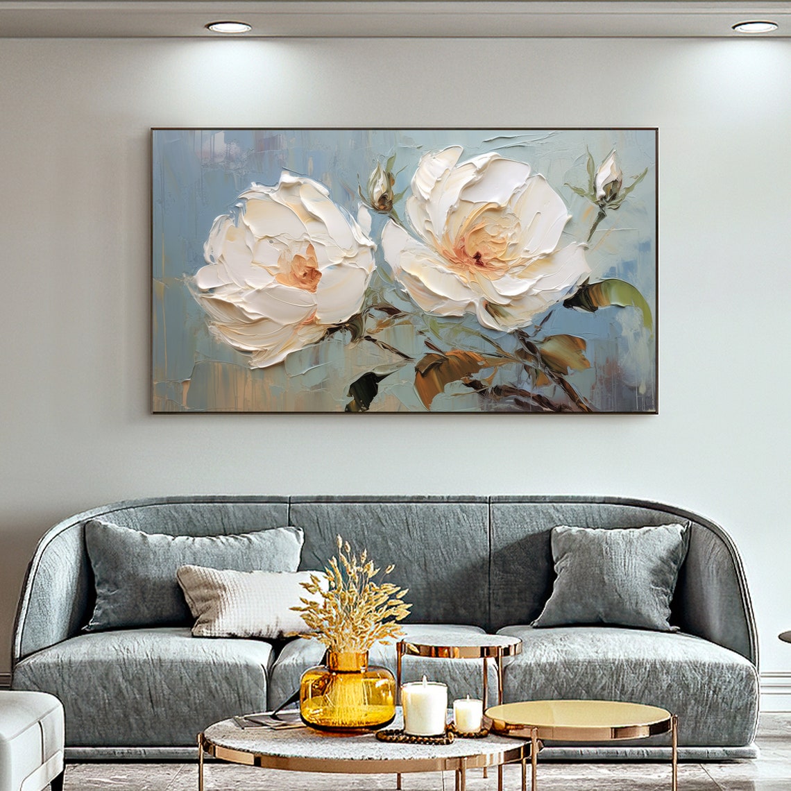 White Roses Blue Gray Background Impasto Floral Painting Poster - Image 2