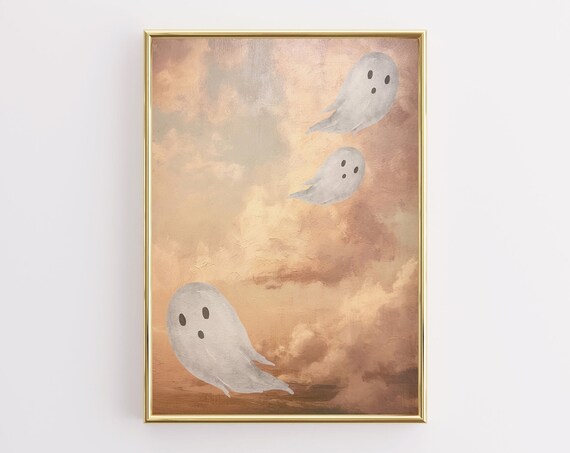 Three Cute Ghosts Flying Blush Pink Clouds Watercolor Halloween Wall Art