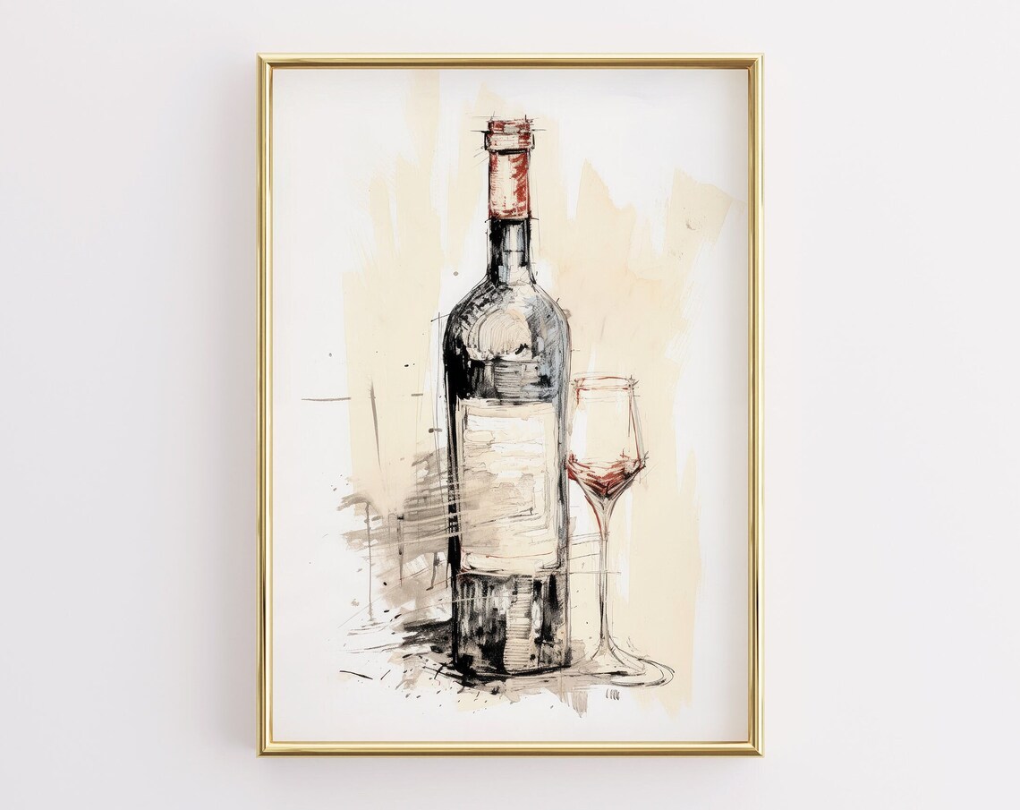 Wine Bottle Glass Ink Sketch Still Life Drawing Kitchen Wall Art
