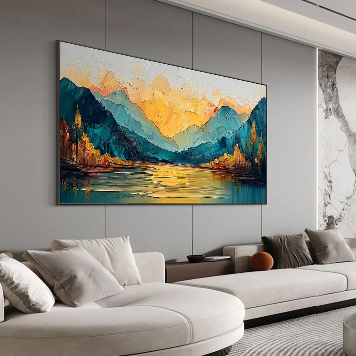 Teal Mountains Golden Sunset Sky Lake Reflection Oil Painting Poster - Image 2