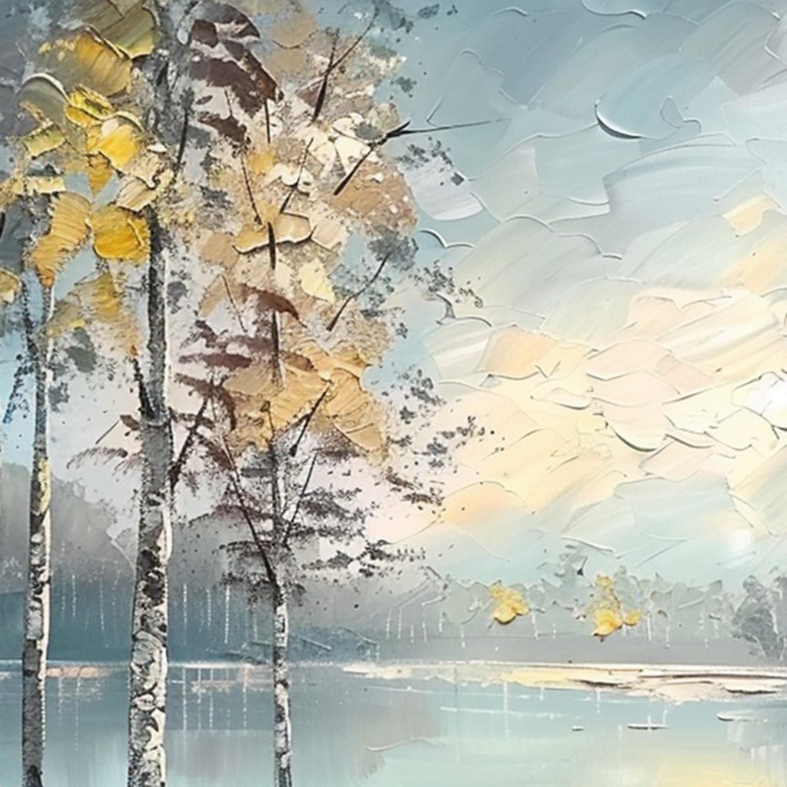 Golden Autumn Birch Forest Lakeside Morning Light Oil Painting Poster - Image 3