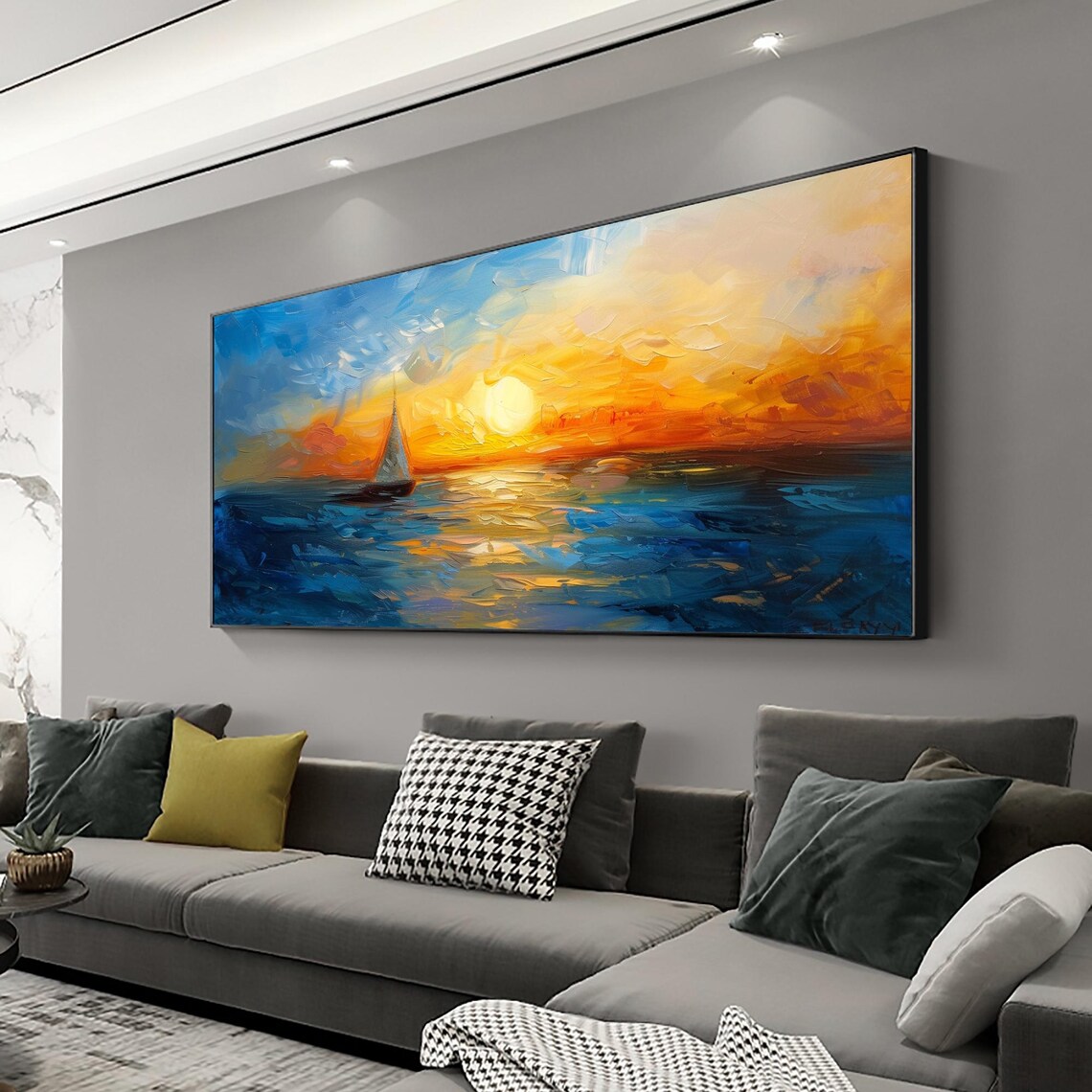 Lone Sailboat Golden Sunset Blue Ocean Impasto Seascape Oil Painting - Image 2