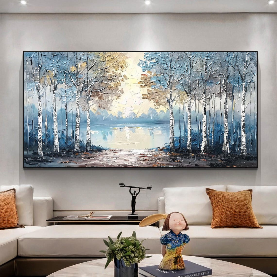 Birch Forest By The Lake Abstract Impasto Oil Painting Wall Art Poster - Image 4
