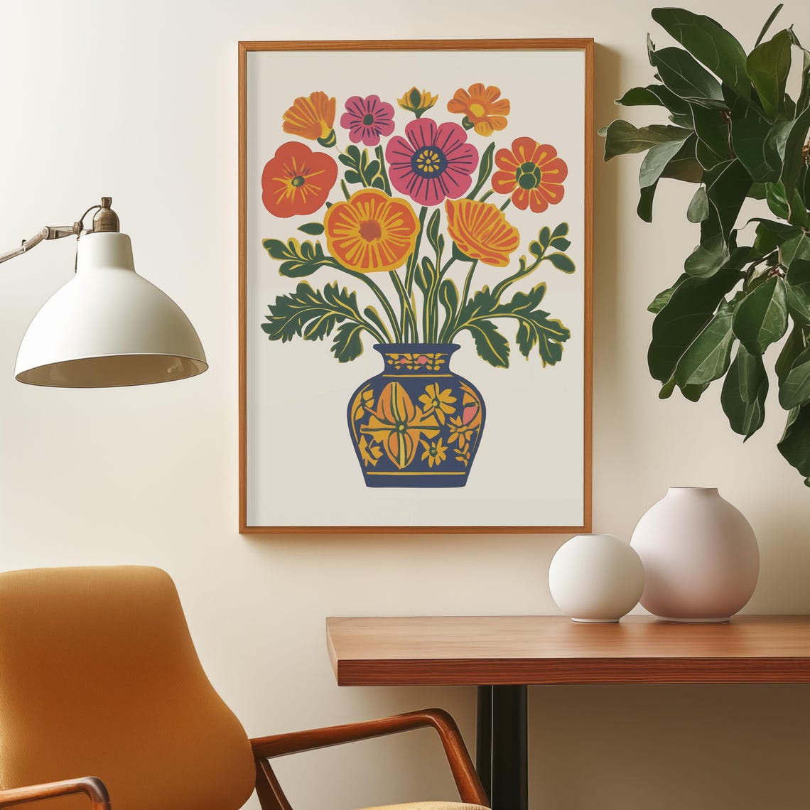 Bright Folk Art Flower Bouquet In Decorated Blue Vase Poster