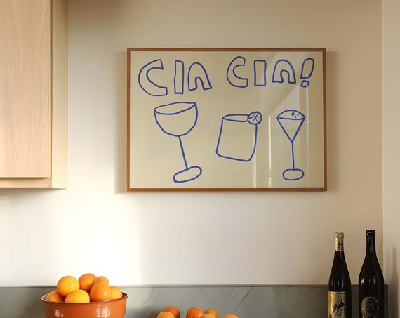 Cin Cin Blue Cocktail Glasses Italian Cheers Home Bar Decor Poster