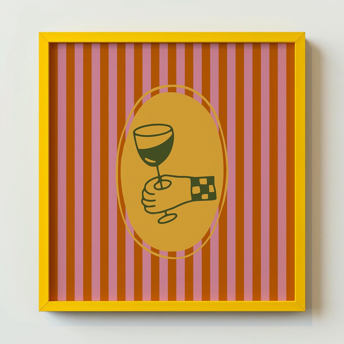 Retro Hand Holding Wine Glass Striped 70s Bar Cart Kitchen Cheers Poster