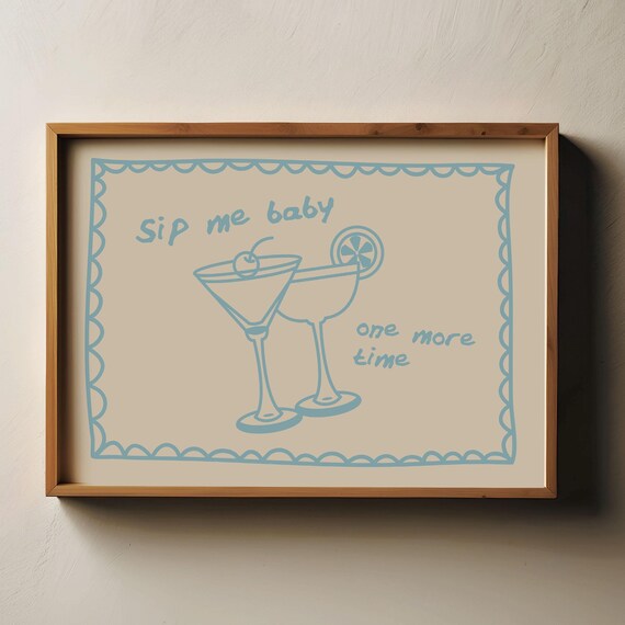 Cocktail Print Trendy Horizontal Print Retro Bar Print Cute Kitchen Quote Print Bar Cart Art Vintage Cocktail Poster Wall Art Blue