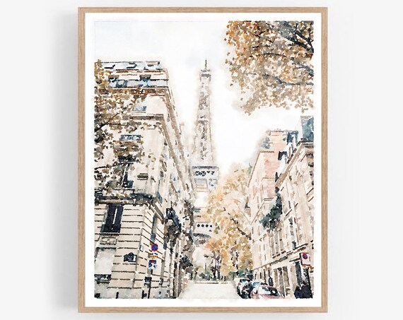 Paris Eiffel Tower Autumn Street Scene Watercolor France View Wall Art