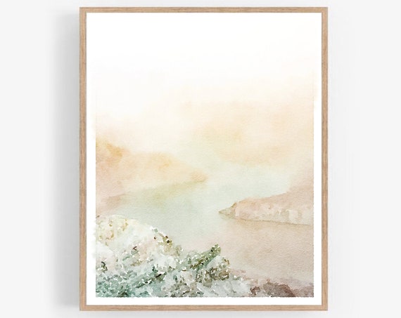 Neutral Artwork Abstract Landscape Watercolor Painting Calm Mountain River Decor 5x7 8x10 11x14 16x20 18x24