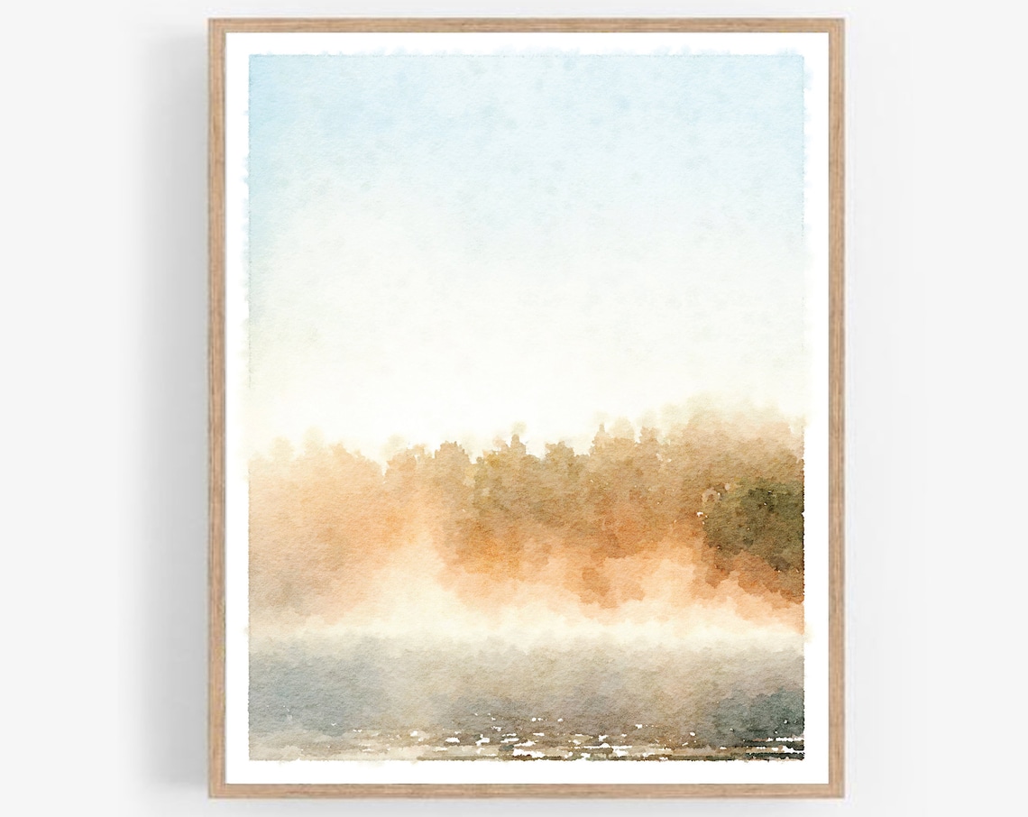 Misty Lake Neutral Landscape Watercolor Art Print