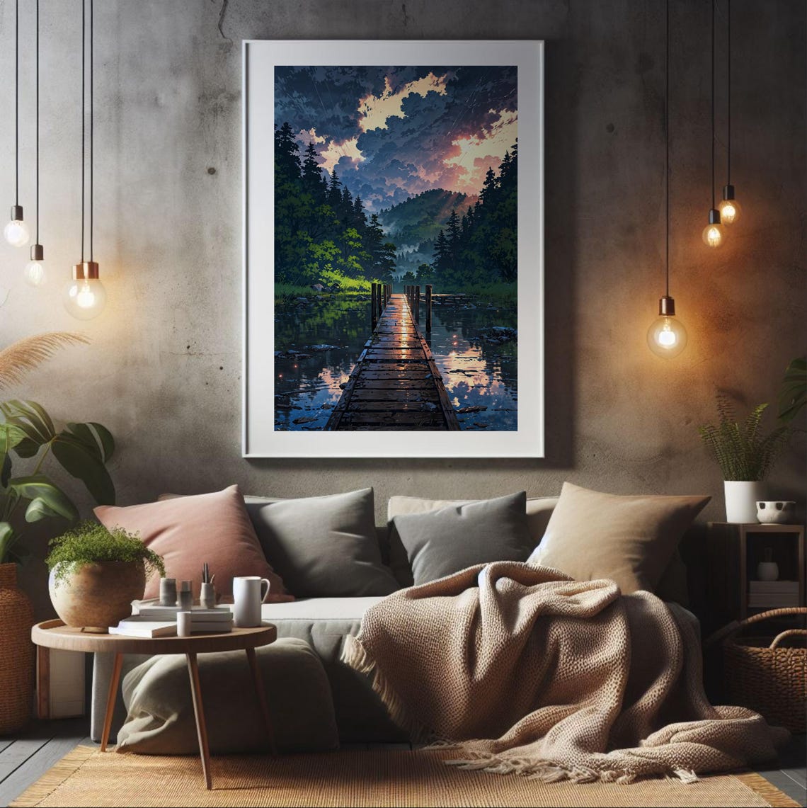 Anime Sunset Forest Lake Wooden Dock Tranquil Scene Art Poster