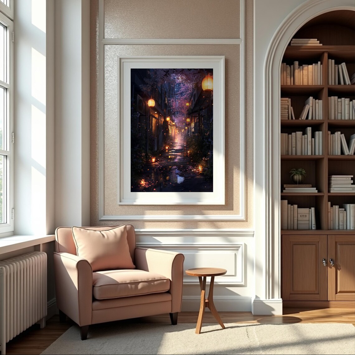 Cherry Blossom Lantern Alley Night Rain Anime Style Art Poster
