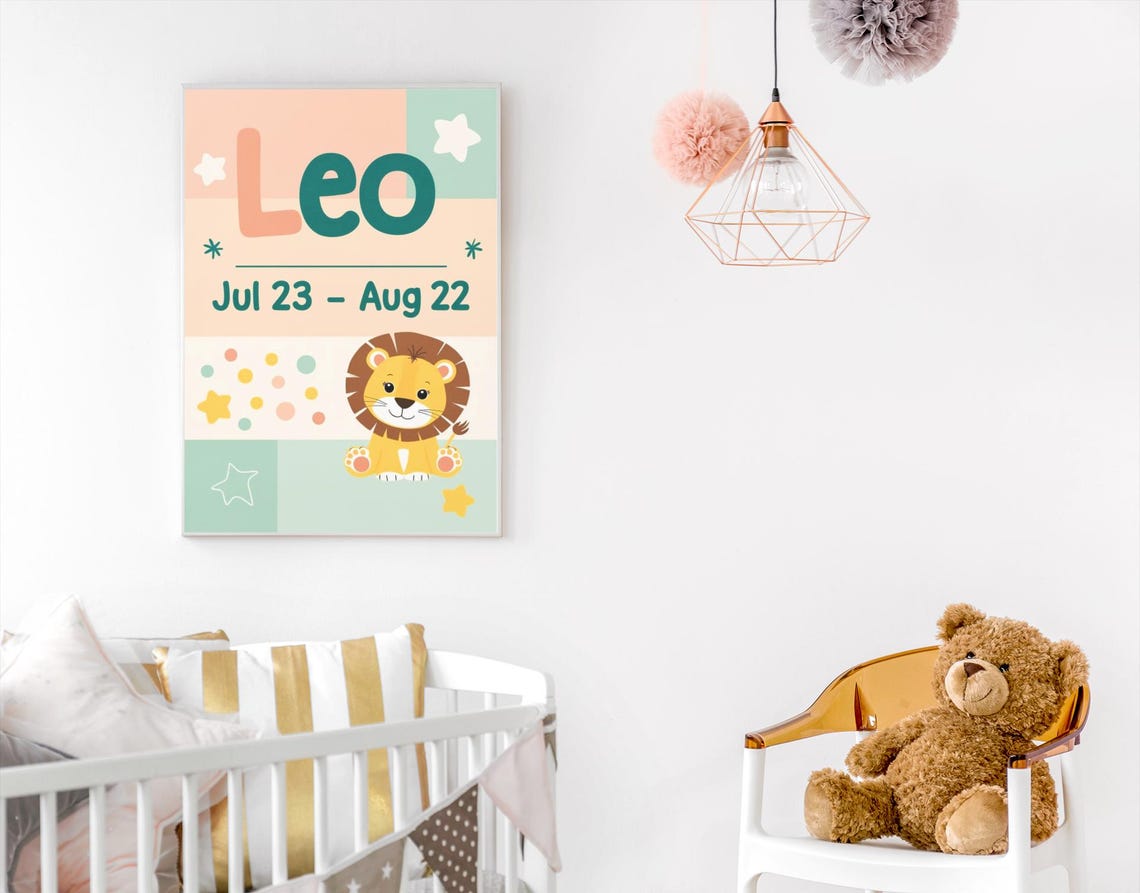 Leo Zodiac Nursery Print Boho Baby Lion Pastel Star Sign Room - Image 2