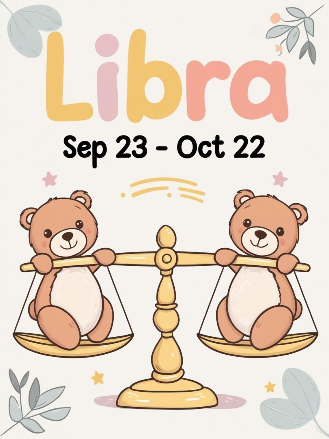 Libra Zodiac Nursery Print Twin Teddy Bears On Scales Kids Room - Image 3