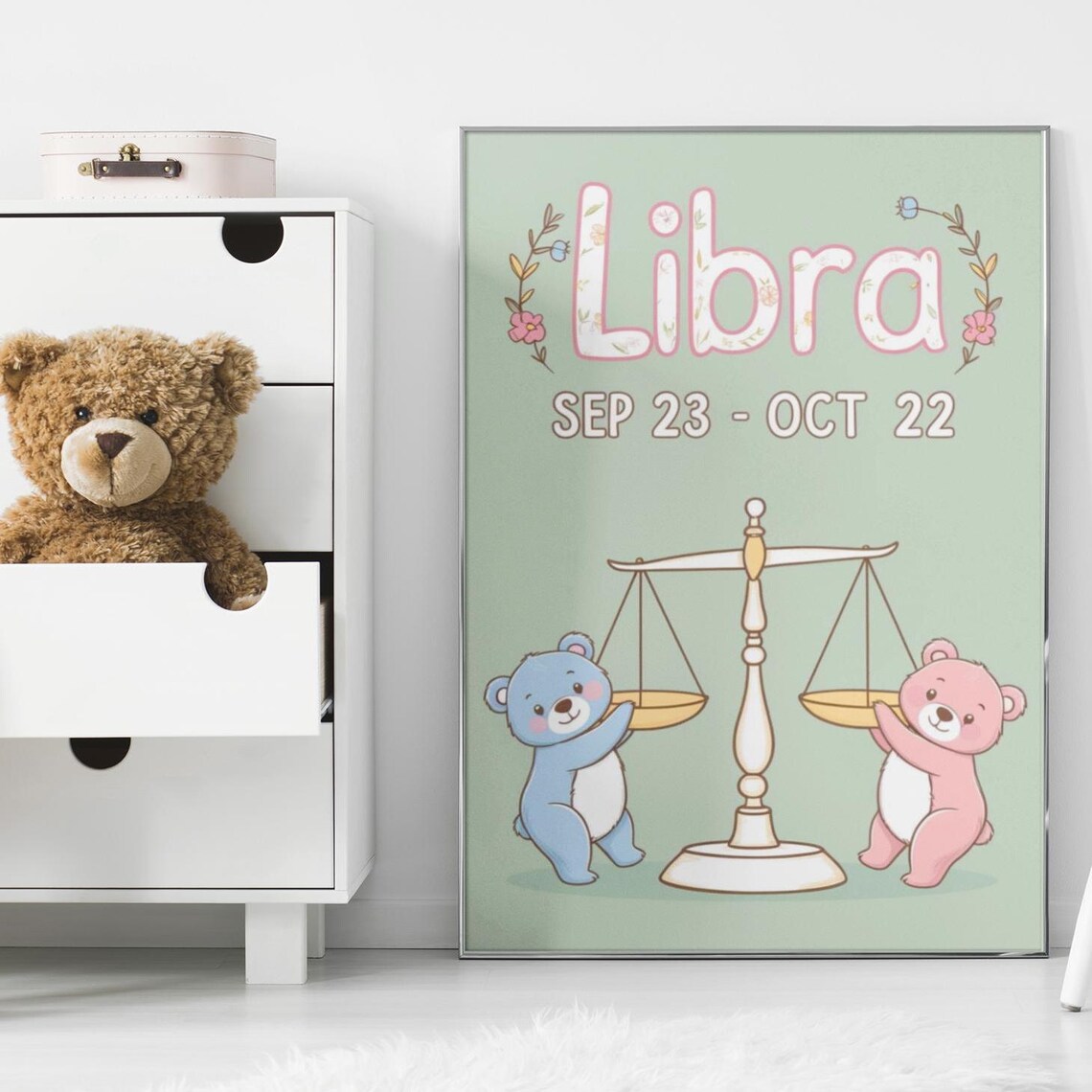 Libra Zodiac Nursery Print Cute Bears With Scales Star Sign Decor - Image 2