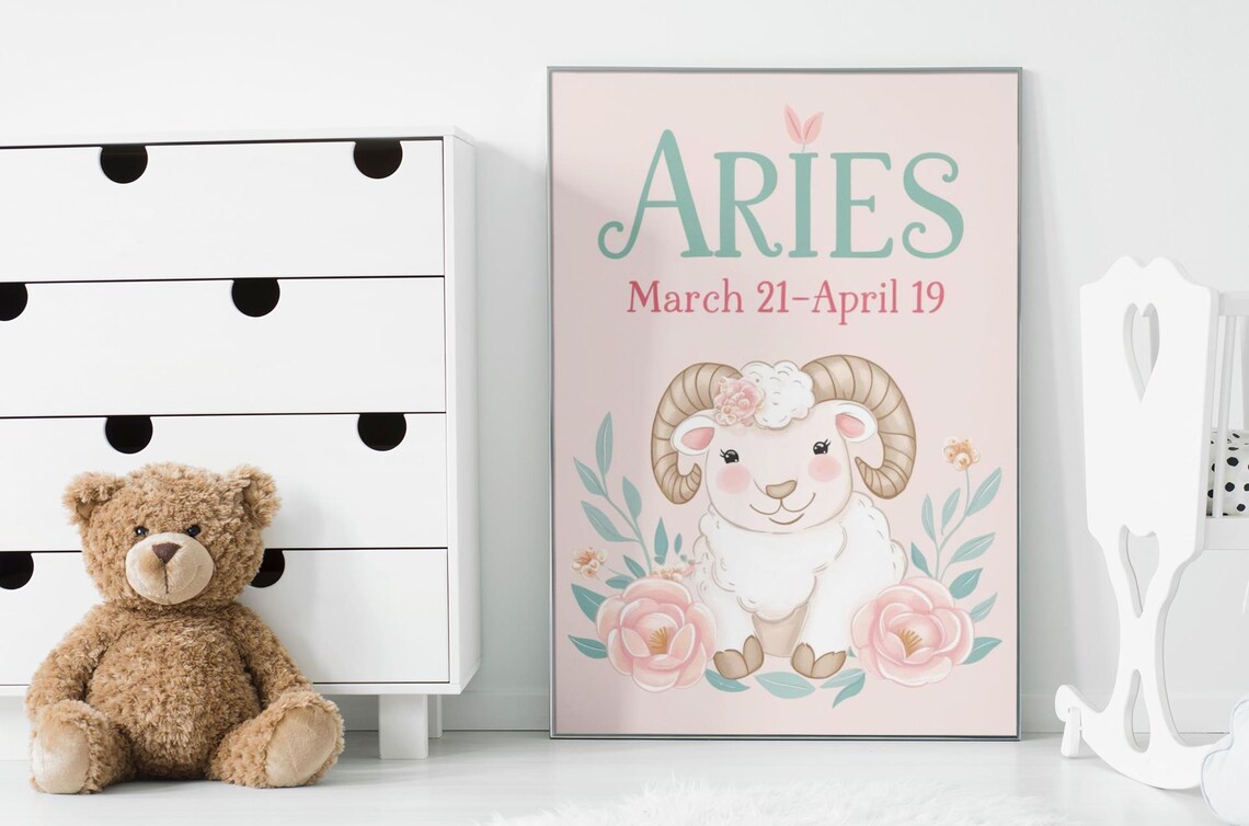 Aries Zodiac Nursery Print Cute Floral Ram Blush Baby Room Decor