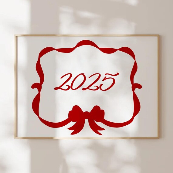 Happy New Year 2025 Print Kitchen Decor Christmas Wall Art Red Typography Retro Wall Art Cute Holiday Decor