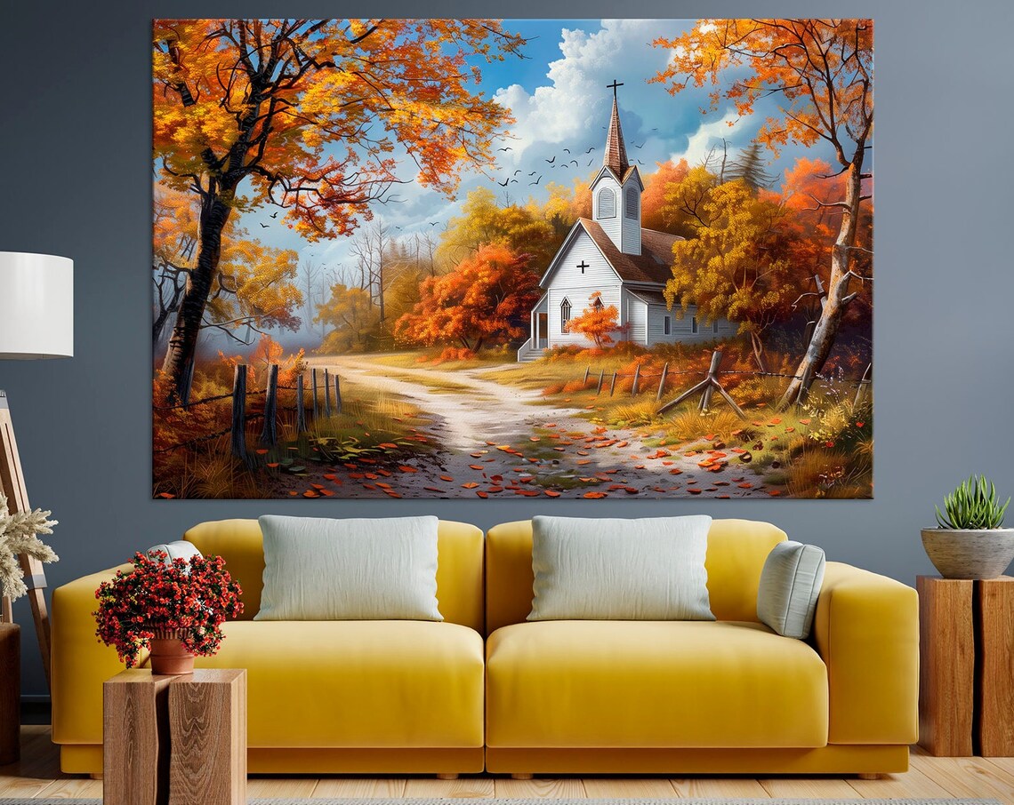 White Country Church Autumn Foliage Peaceful Rural Wall Art Poster