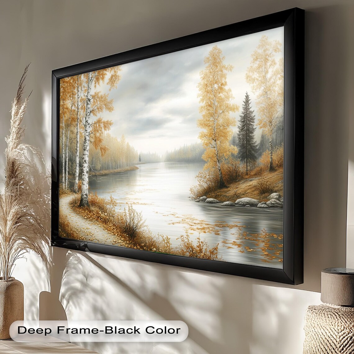 Golden Autumn Landscape, Tranquil River Scene Art Print - Image 3
