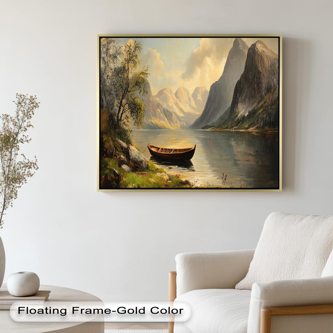 Golden Lake Boat Landscape, Rustic Mountain Scene - Image 3