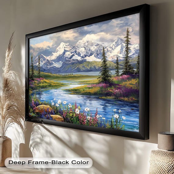 Mountain Stream With Blossoming Flowers, Nature Art Print