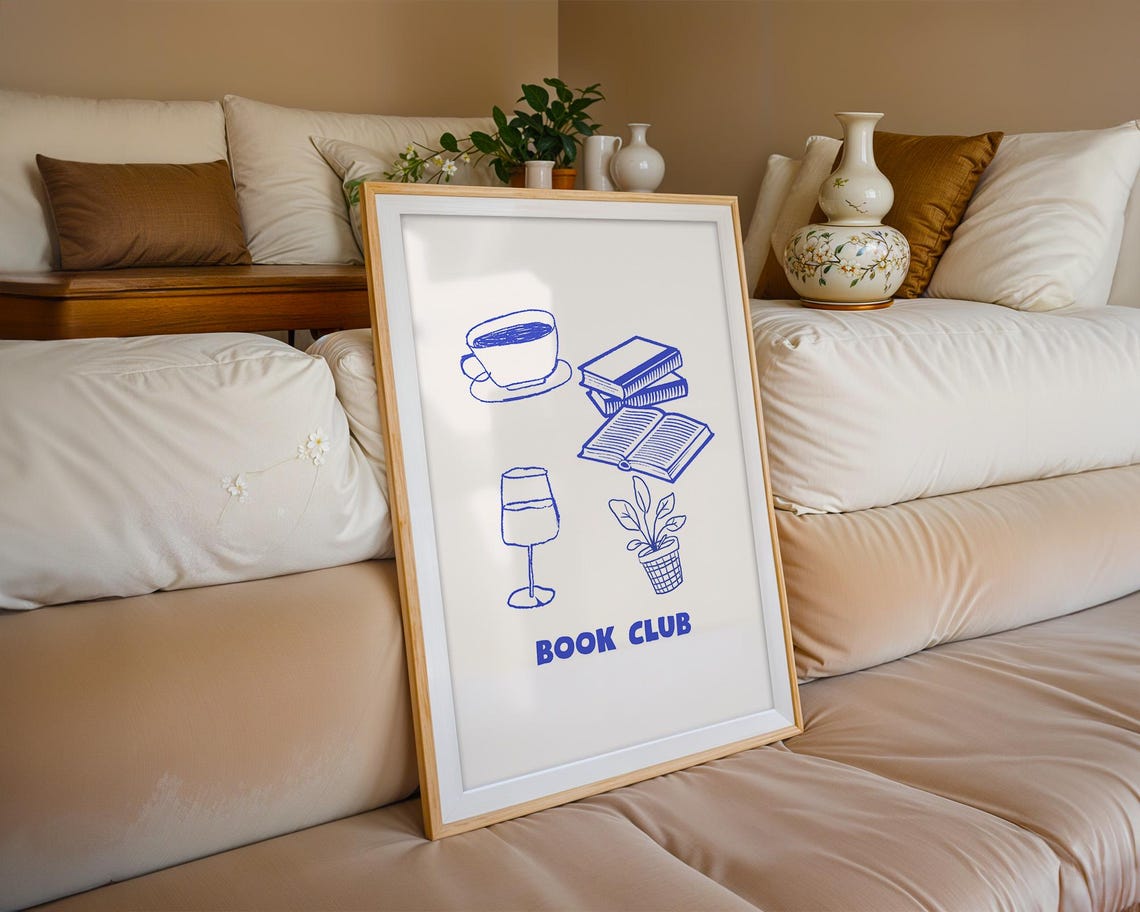 Book Club Blue Line Drawings Coffee Books Wine Reader Art Poster - Image 2