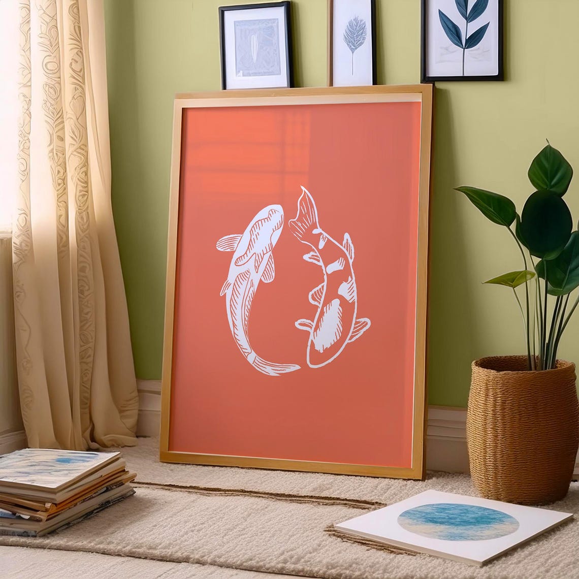 White Koi Fish Yin Yang Line Art on Coral Retro Japanese Print - Image 3