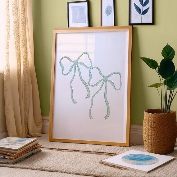 Two Sage Green Ribbon Bows Minimalist Preppy Nursery Wall Art
