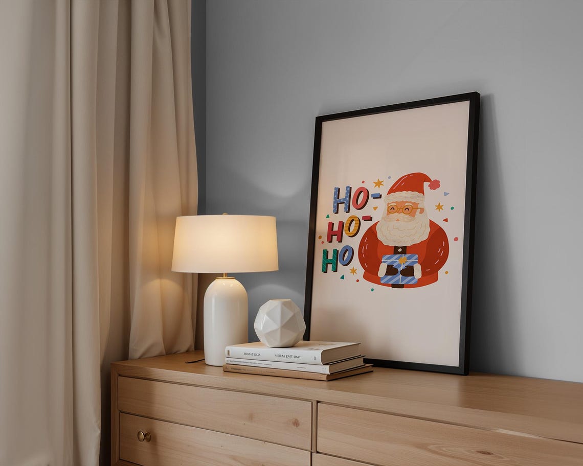 Cute Santa Holding Gift Colorful Ho Ho Ho Christmas Decor Poster - Image 3