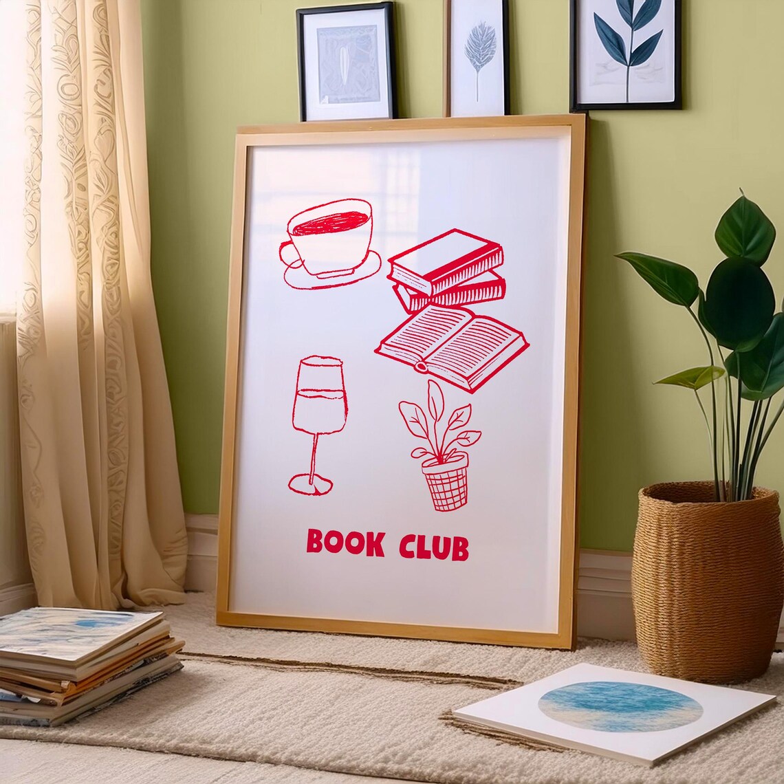 Book Club Red Line Art Coffee Books Wine and Potted Plant Poster - Image 4
