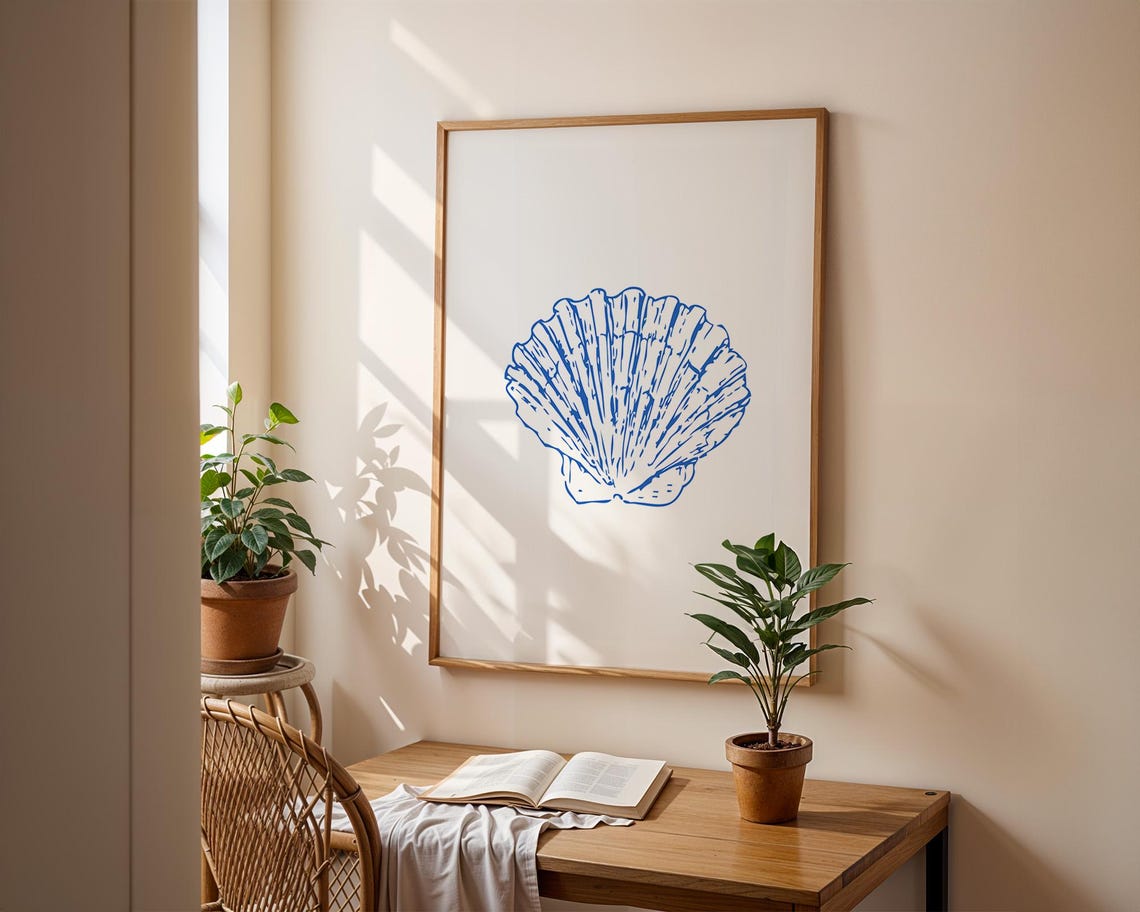 Blue Scallop Shell Line Art Classic Coastal Beach Decor Poster - Image 2