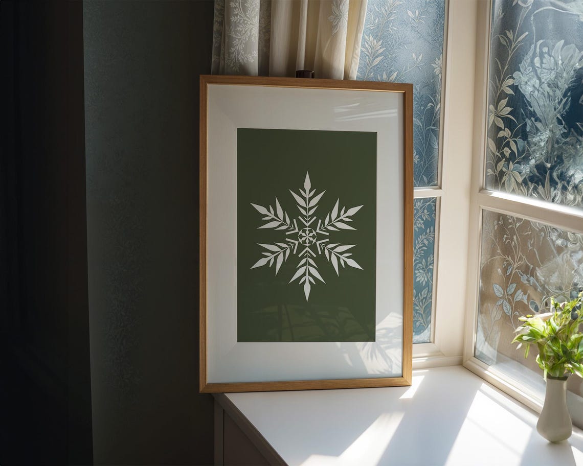 White Botanical Snowflake on Olive Green Minimalist Christmas Wall Art - Image 2