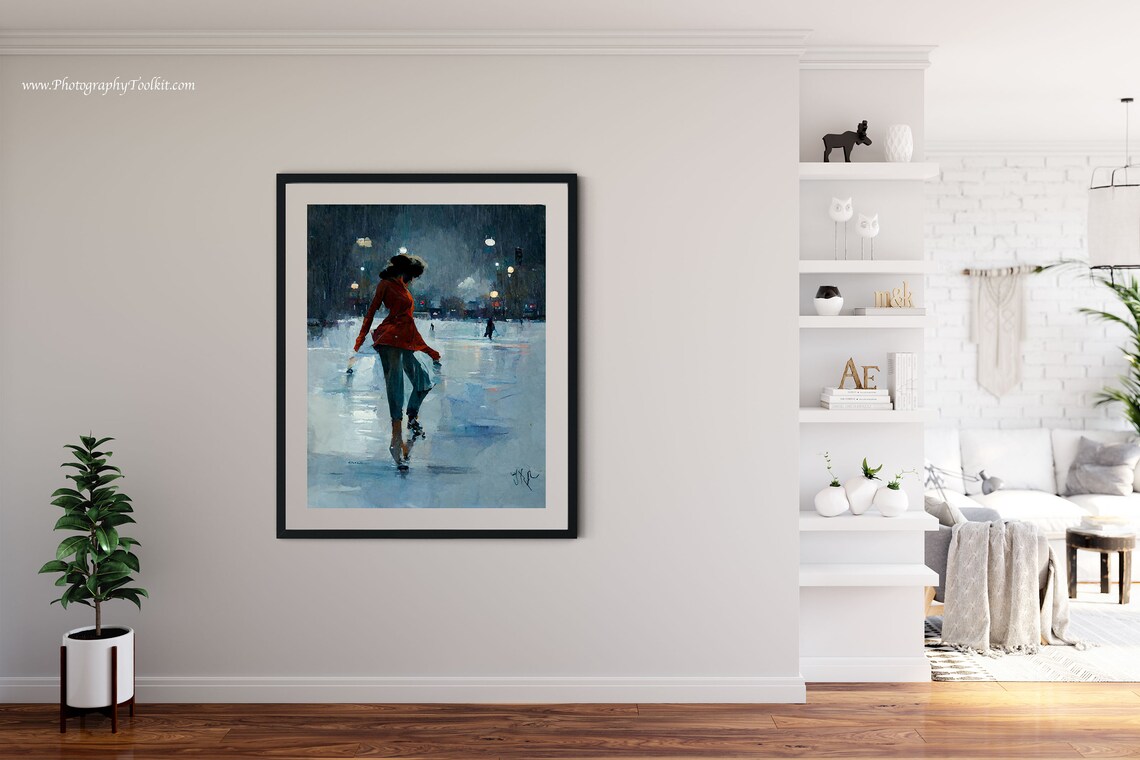 Woman Gliding on a Night Ice Rink Under City Lights Painting Poster - Image 4