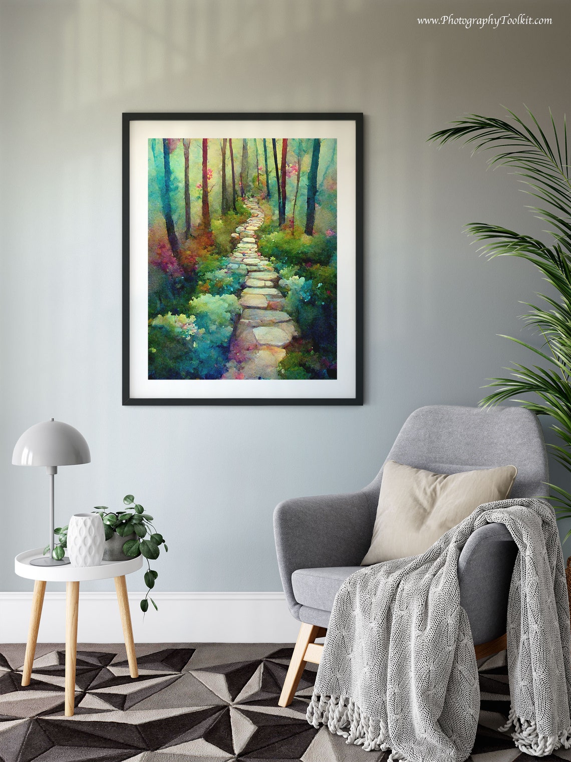 Enchanted Forest Stone Path Watercolor Colorful Trees Garden Poster - Image 6