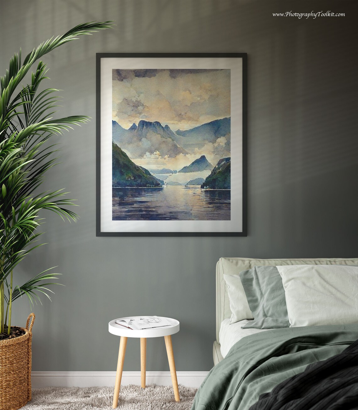 Norwegian Fjord Misty Peaks Still Water Watercolor Travel Poster - Image 3