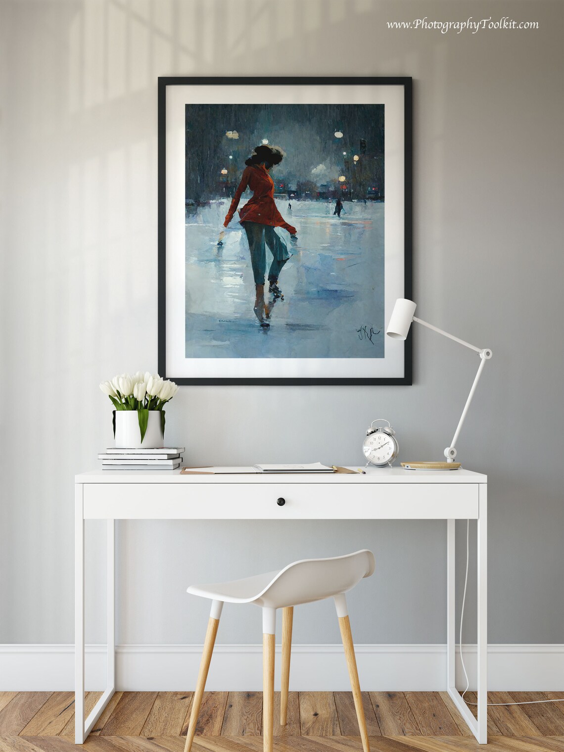 Woman Gliding on a Night Ice Rink Under City Lights Painting Poster - Image 2
