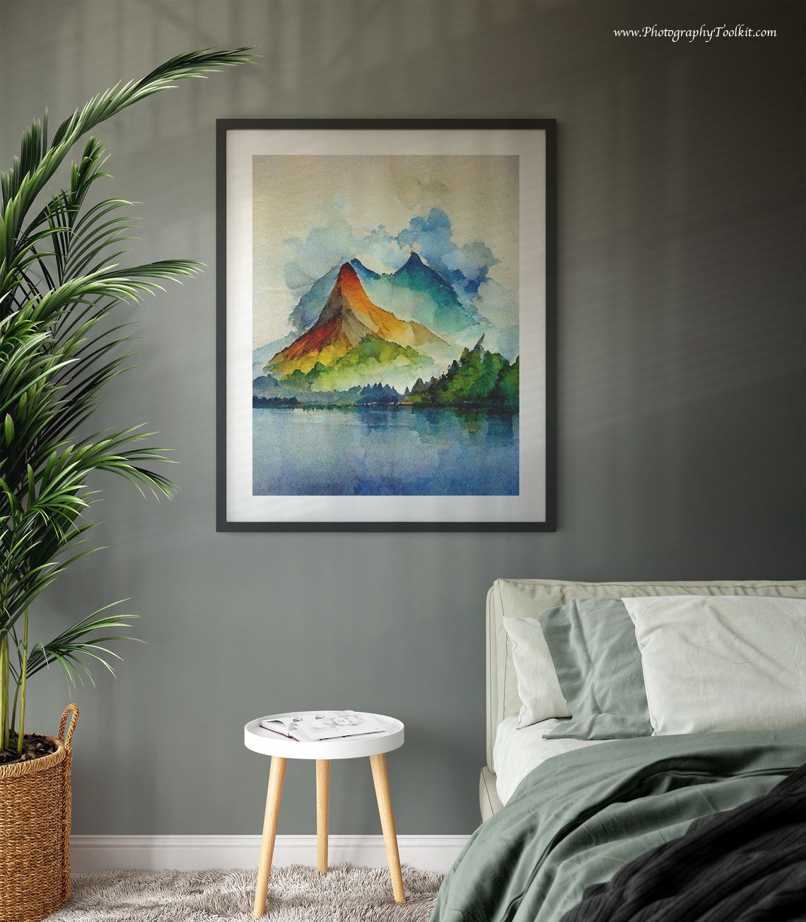 Colorful Rainbow Mountain Peaks Above a Calm Lake Watercolor Poster - Image 3