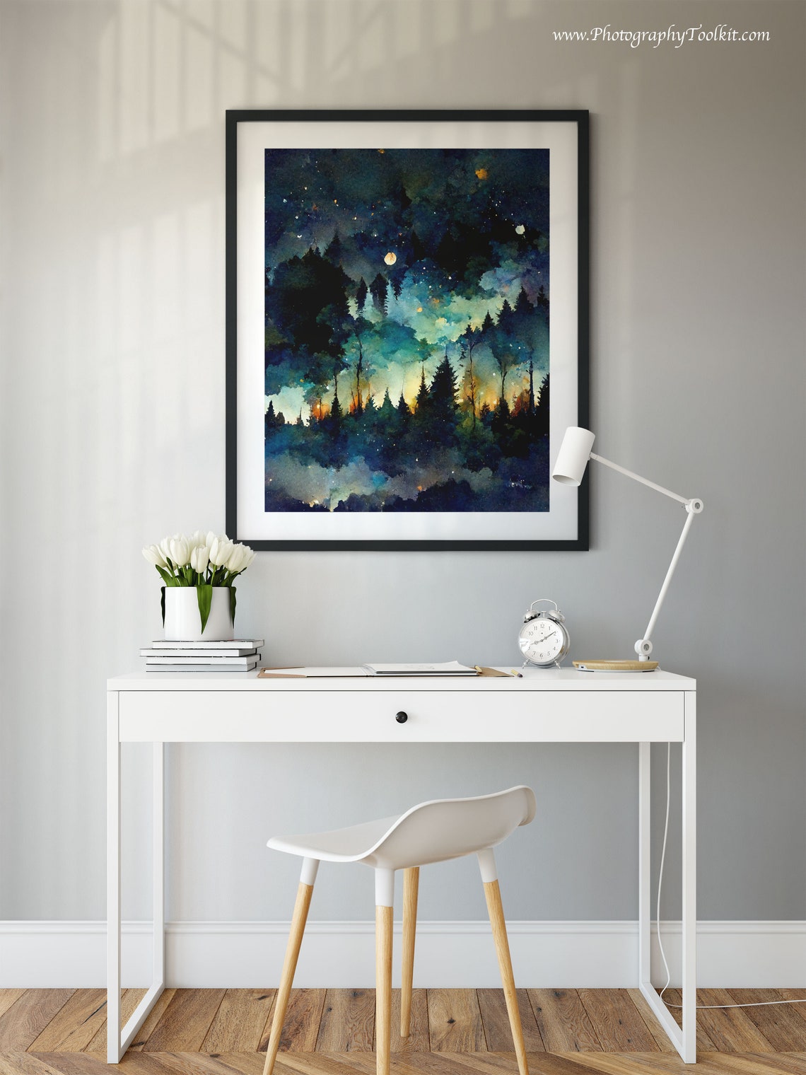 Starry Night Forest Pines Watercolor Glowing Horizon Night Sky Poster - Image 2