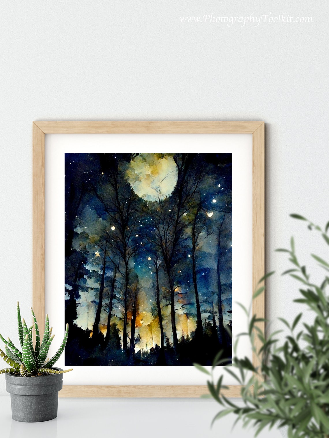 Full Moon Night Sky Watercolor Starry Forest Silhouette Dream Poster - Image 5