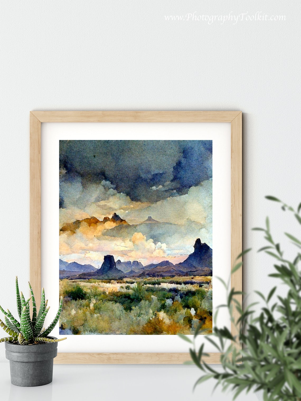 Desert Canyon Landscape Watercolor Buttes Under Cloudy Sky Poster - Image 5