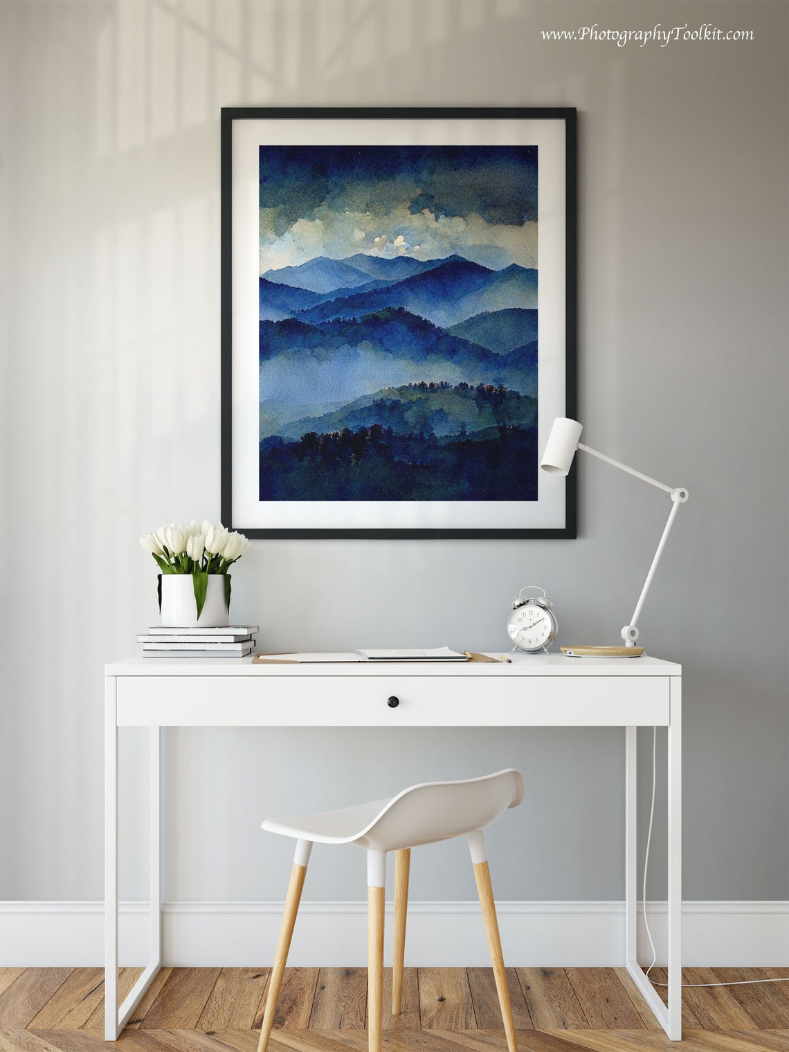 Misty Blue Mountain Range Watercolor Fog Between Peaks Serene Poster - Image 2