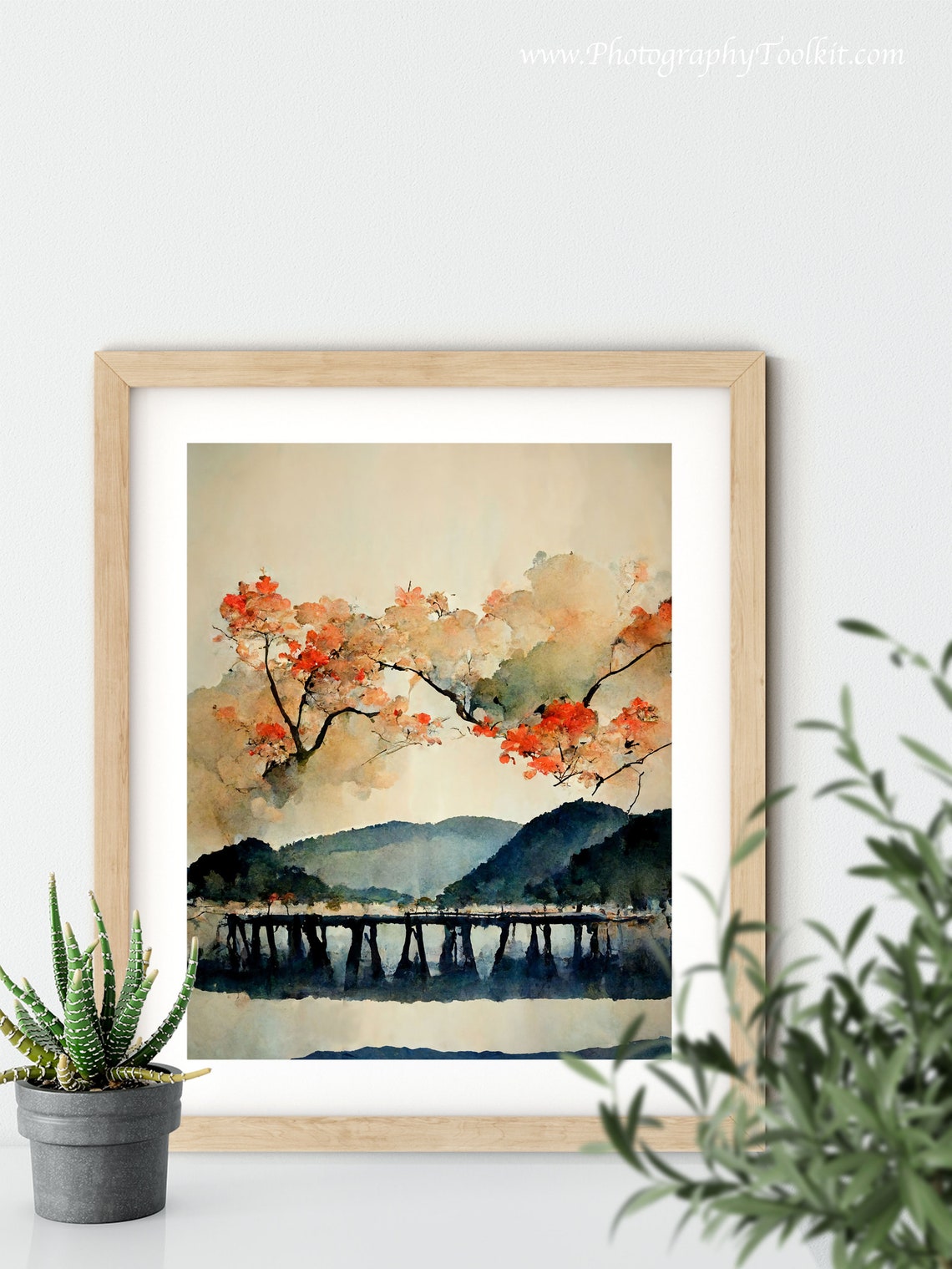 Japanese Maple Calm Lake Wooden Pier Serene Watercolor Poster - Image 5