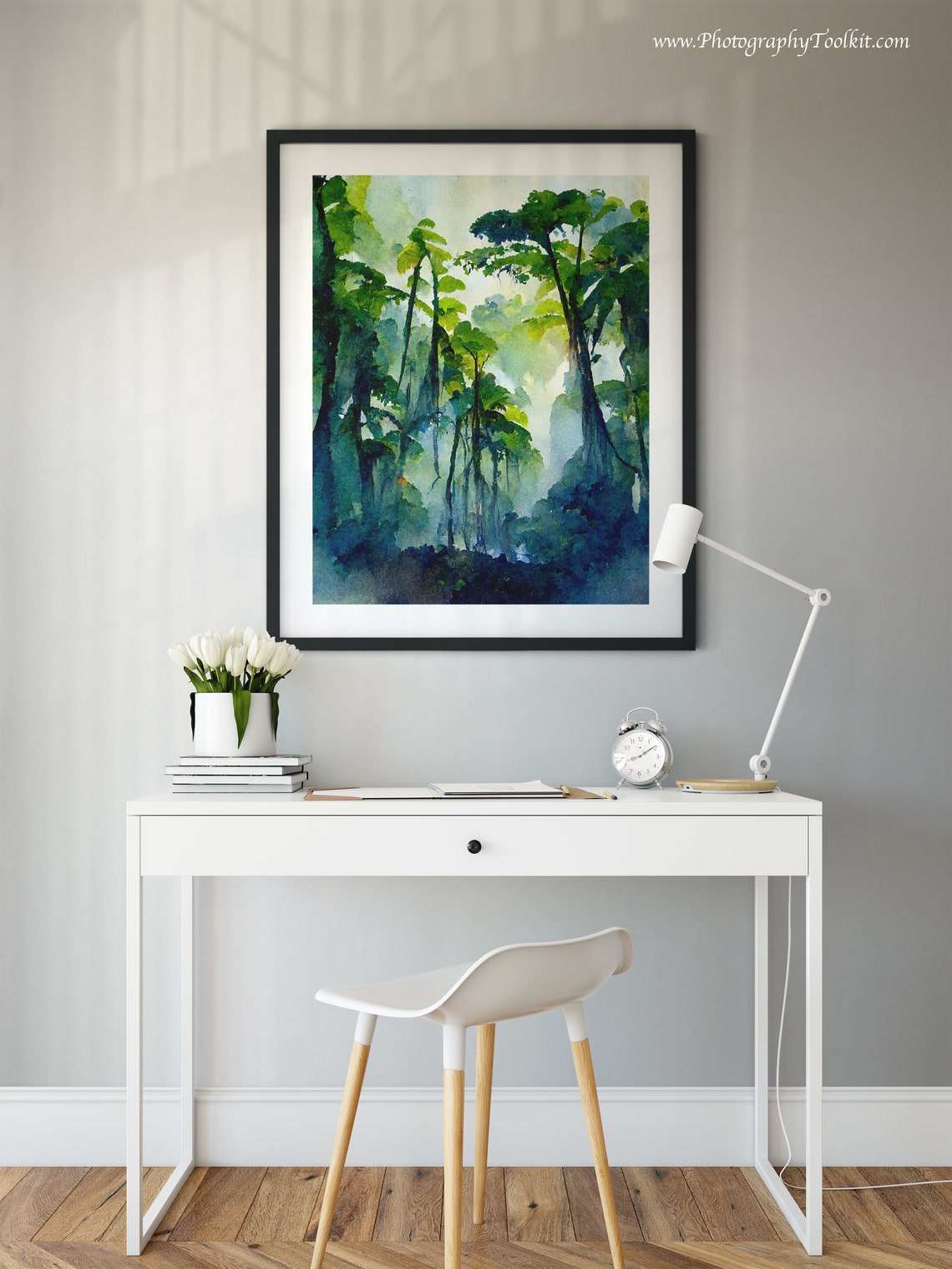 Tall Misty Green Trees in a Quiet Woodland Watercolor Landscape Poster - Image 2