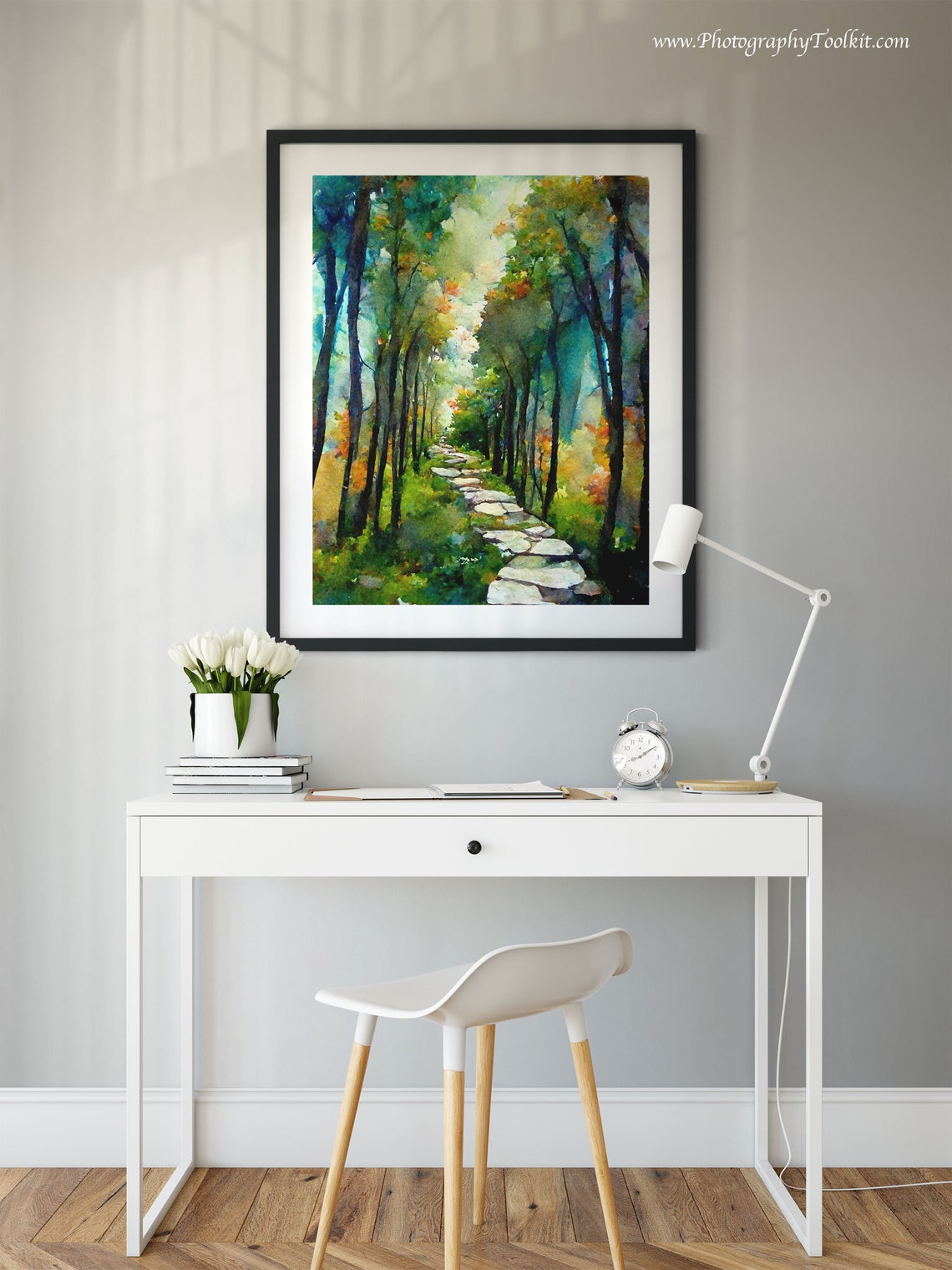 Autumn Forest Stone Path Tall Trees Watercolor Golden Trail Poster - Image 2